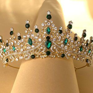 Green Gold Tiara Crown, Prom Crown, Bridal Headpiece, Cosplay Crown, Ren Faire